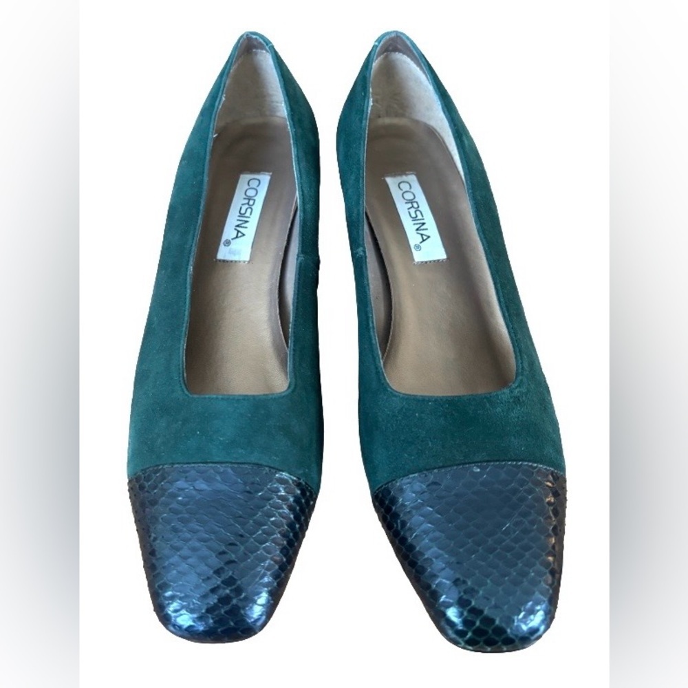 Corsina VTG green suede w blk block heel WM 7.5 N old money business casual - Picture 3 of 14